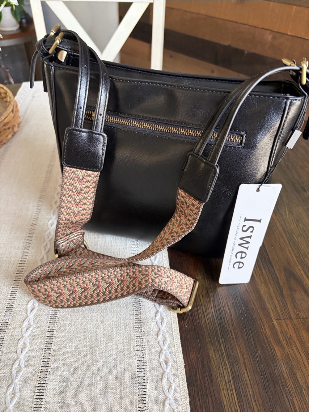 Iswee Black Leather Crossbody Bag with colorful Guitar Strap